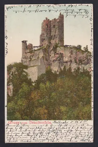 Glitzer-Perl-AK Drachenfels, Burgruine mit anliegendem Wald