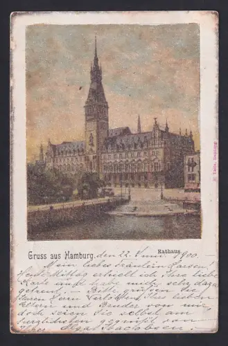 Glitzer-Perl-AK Hamburg, Partie vor dem Rathaus mit Teich