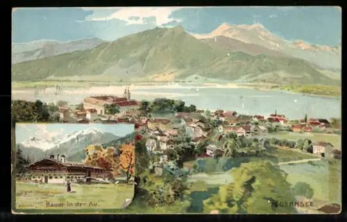 Künstler-AK Karl Heinisch: Tegernsee, Gasthaus Bauer in der Au, Panoramablick auf den Ort