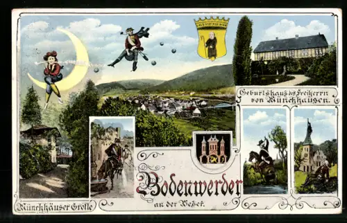 AK Bodenwerder, Gesamtansicht, Geburtshaus des Freiherrn, Wappen