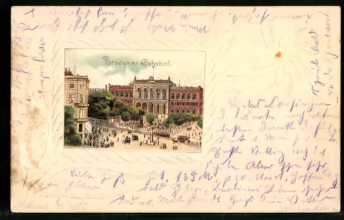 AK Potsdam, Partie am Bahnhof, Papierkunst mit geprägter Blume im Passepartout