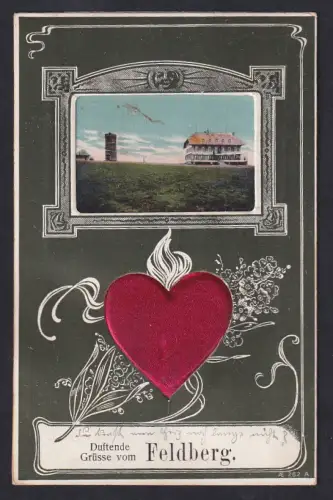 Duft-AK Feldberg, Gasthaus und Turm im Passepartout, Herz aus Seide