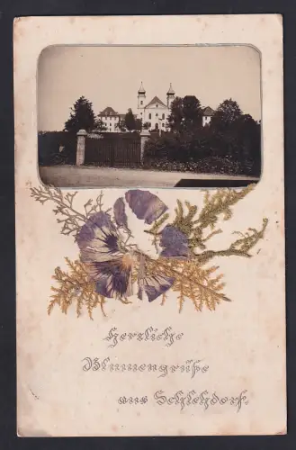 Trockenblumen-AK Schlehdorf, Aussenansicht vom Schloss mit getrocknetem Stiefmütterchen