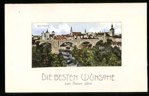 AK Bautzen, Stadtansicht mit Brücke und Türmen