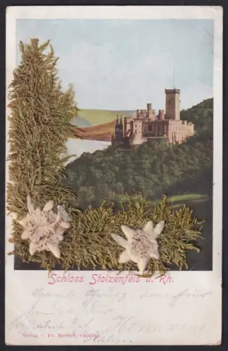 AK Stolzenfels a. Rh., Schloss Stolzenfels, Rheinansicht, Alpenblumenverzierung mit Edelweiss