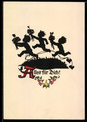 Künstler-AK Georg Plischke: Drei kleine Kinder mit Blumensträussen