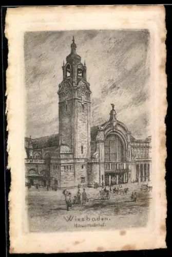 Künstler-AK Bernhard Liebig: Wiesbaden, Blick auf den Hauptbahnhof
