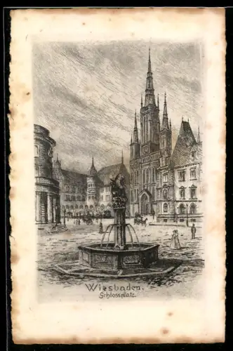 Künstler-AK Bernhard Liebig: Wiesbaden, Ansicht vom Schlossplatz mit Brunnen