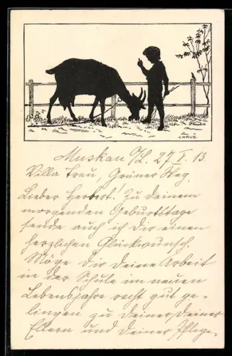 Künstler-AK Carus: Junge und Ziege neben einem Zaun