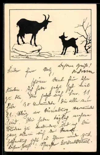 Künstler-AK Carus: Ziege auf Felsen und Lamm