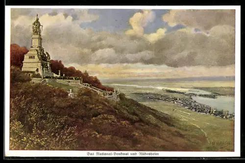 Künstler-AK Heinrich Hoffmann: Das National-Denkmal und Rüdesheim