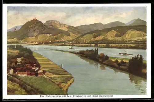 Künstler-AK Heinrich Hoffmann: Siebengebirge mit dem Drachenfels und Insel Nonnenwerth