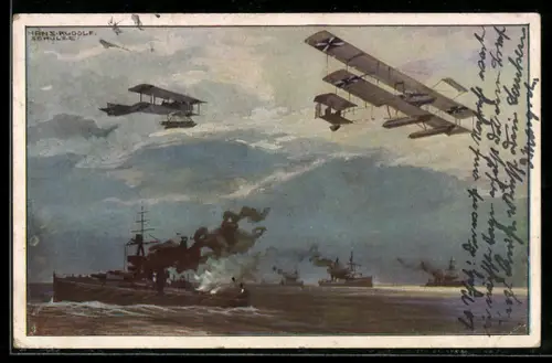 Künstler-AK Hans Rudolf Schulze: Wasserflugzeuge sichten Feinde für die Flotte