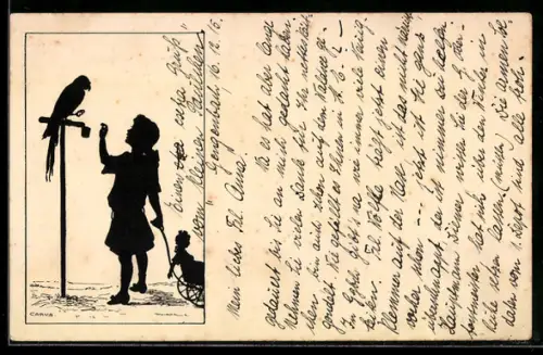 Künstler-AK Carus: Mädchen spricht mit einem Papagei