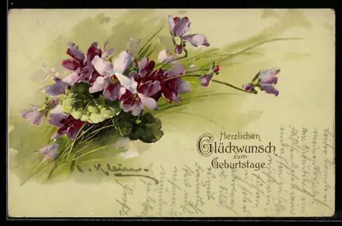 Künstler-AK Catharina Klein: Strauss mit violetten Blüten, Geburtstags-Glückwünsche