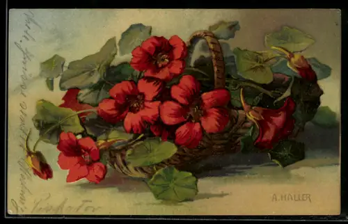 Künstler-AK Anna Haller: Stilleben Korb mit roten Blüten