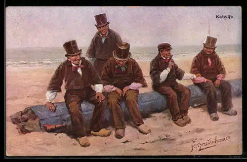 Künstler-AK Johan Georg Gerstenhauer: Katwijk, Herren mit Zylinder am Strand