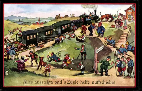 Künstler-AK Hans Boettcher: Zug hat eine Panne und Fahrgäste schieben an