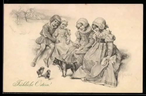 Künstler-AK H. Schubert: Kinder spielen mit einem kleinen Hund und Osterküken