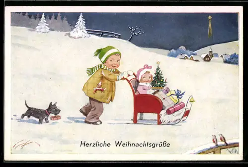 Künstler-AK Willi Scheuermann: Kind schiebt ein anderes Kind auf einem Schlitten durch den Schnee