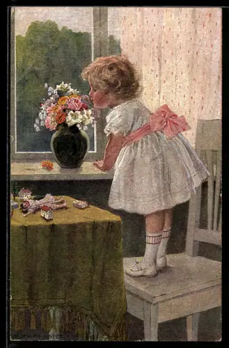 Künstler-AK R.Borrmeister: Riechst du gut?, Mädchen riecht an einem Blumenstrauss, Puppe, Spielzeug