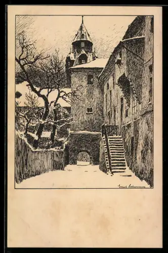 Künstler-AK Ernst Liebermann: Verschneite Ortspartie mit Kirchturm