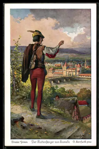 Künstler-AK Oskar Herrfurth: Der Rattenfänger von Hameln erscheint in Gestalt eines Jägers in der Früh