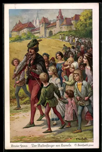 Künstler-AK Oskar Herrfurth: Der Rattenfänger von Hameln, Musizierender Rattenfänger und seine Gefolgsleute