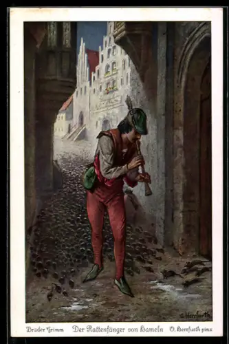 Künstler-AK sign. G. Hinke: Brüder Grimm, Der Rattenfänger von Hameln, 3. Der Der Rattenfänger zog darnach...
