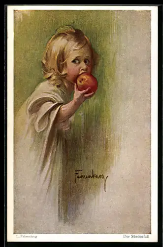 Künstler-AK Ludwig Fahrenkrog: Blondes Mädchen beisst in den Apfel