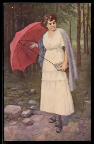 Künstler-AK sign. Fr. Klimes: In der Sommerfrische, Schönheit mit rotem Schirm
