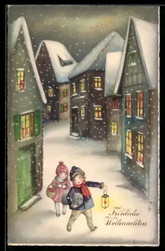 Künstler-AK Hannes Petersen: Kinder mit Laterne in einer verschneiten Ortspartie