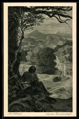 Künstler-AK Moritz von Schwind: Wanderer sitzt an einem Baum und sieht zu einem Ort herab