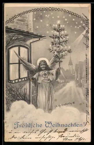 Künstler-AK Charles Scolik: Weihnachtsengel in einer verschneiten Ortspartie