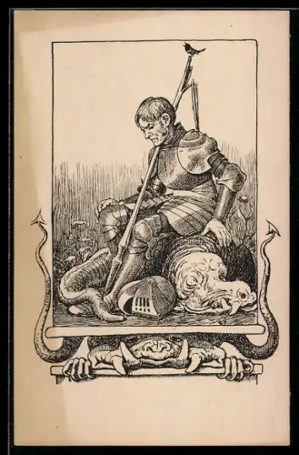 Künstler-AK Hans Thoma: Ritter sitzt auf einem erlegten Lindwurm