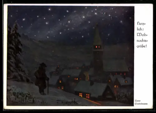 Künstler-AK Hans Stadelmann: Wanderer vor einem verschneiten Ort