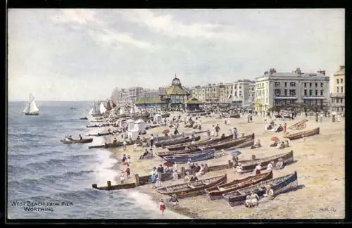 Künstler-AK A. R. Quinton: Strandpartie mit Ruderbooten