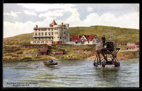 Künstler-AK A. R. Quinton: Bigbury-on-Sea, Sea Ferry and Burgh Island Hotel
