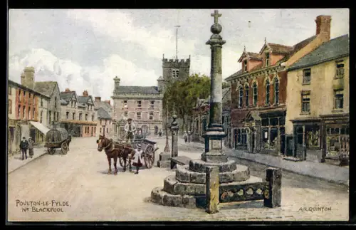 Künstler-AK A. R. Quinton: Poulton-le-Fylde, Ortspartie mit Kutsche und Denkmal
