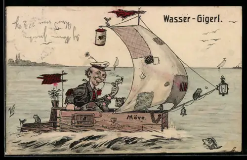 Künstler-AK Willi Scheuermann: Landstreicher auf einem Segelboot