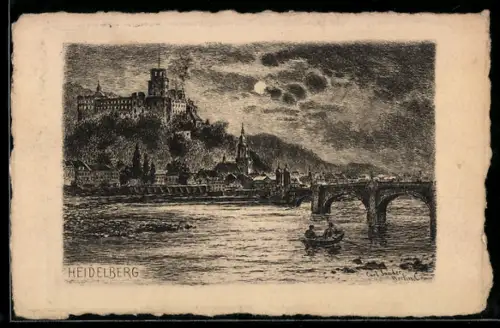 Künstler-AK Carl Jander: Heidelberg, Ortsansicht bei Nacht mit Brücke