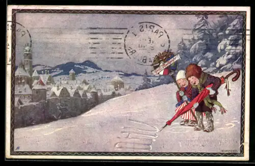 Künstler-AK Ernst Kutzer: Kinder malen die Initialen des D. H. V. in den Schnee