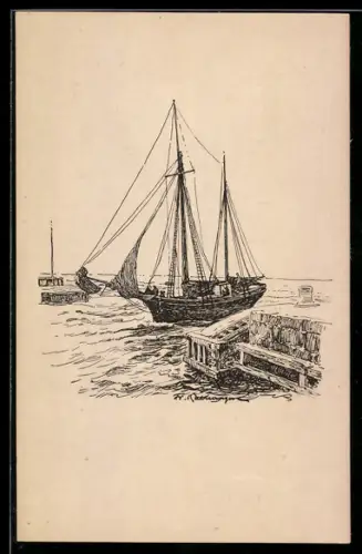 Künstler-AK Friedrich Kallmorgen: Segelboot an der Hafeneinfahrt