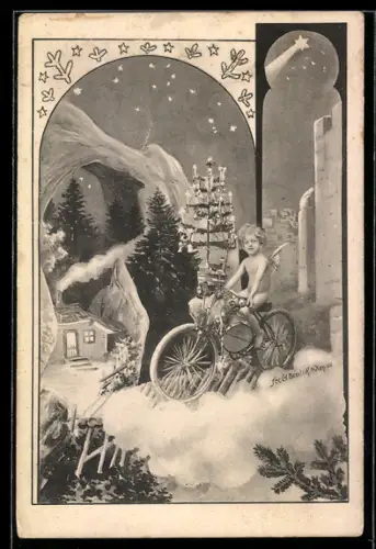Künstler-AK Charles Scolik: Engel auf Fahrrad mit Tannenbaum, Sternschnuppe, Weihnachtsgruss