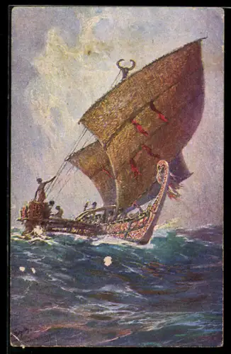 Künstler-AK Hans Bohrdt: Das letzte Boot von der Insel Agomes, Südsee, Segelschiff in stürmischer See