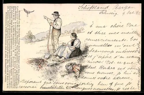 AK Schwarzwald-Postkarten No. 7, Bauernpaar und Storch, Tracht