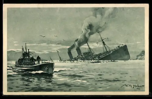Künstler-AK Willy Stoewer: Sinkendes Kriegsschiff und U-Boot