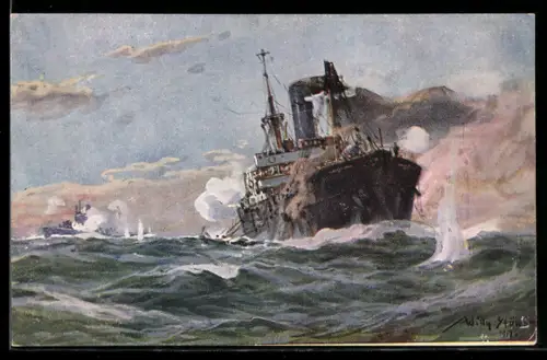 Künstler-AK Willy Stoewer: U-Boot-Spende, Gefecht mit befwaffnetem Handelsdampfer