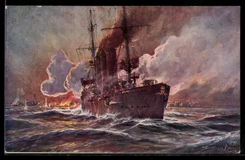 Künstler-AK Stoewer: Beschiessung von Madras, Brit.-Ostindien, durch SM Kreuzer Emden, Kriegsschiff