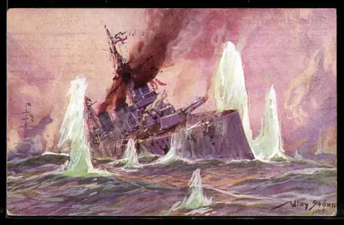 Künstler-AK Willy Stoewer: Aus dem Seegefecht in der Nordsee 1915, Engl. Schlachtkreuzer im Salvenfeuer...